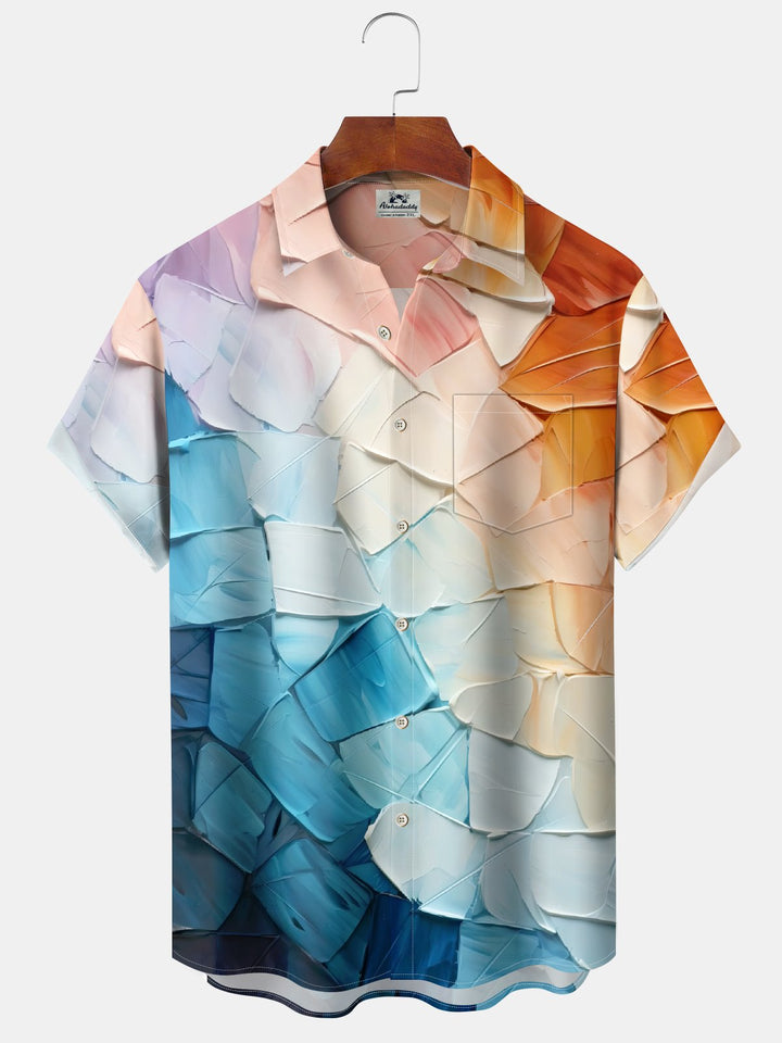 Alohadaddy® Vintage Oil Painting Geometric Print Art Chest Pocket Stretch Moisture Wicking Large Size Hawaiian Shirt
