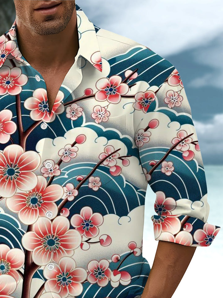 Alohadaddy® Vintage Sakura Ukiyo-e Print Art Print with Chest Pocket for Men&