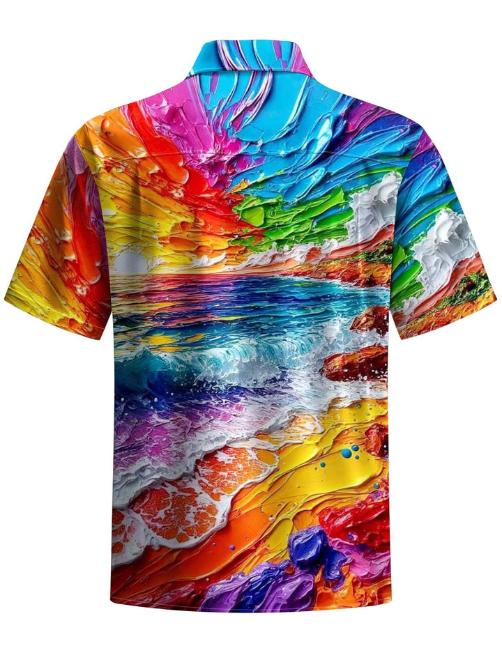 Alohadaddy® Hawaiian Acrylic Painting Wave Print Art with Chest Pocket for Men&