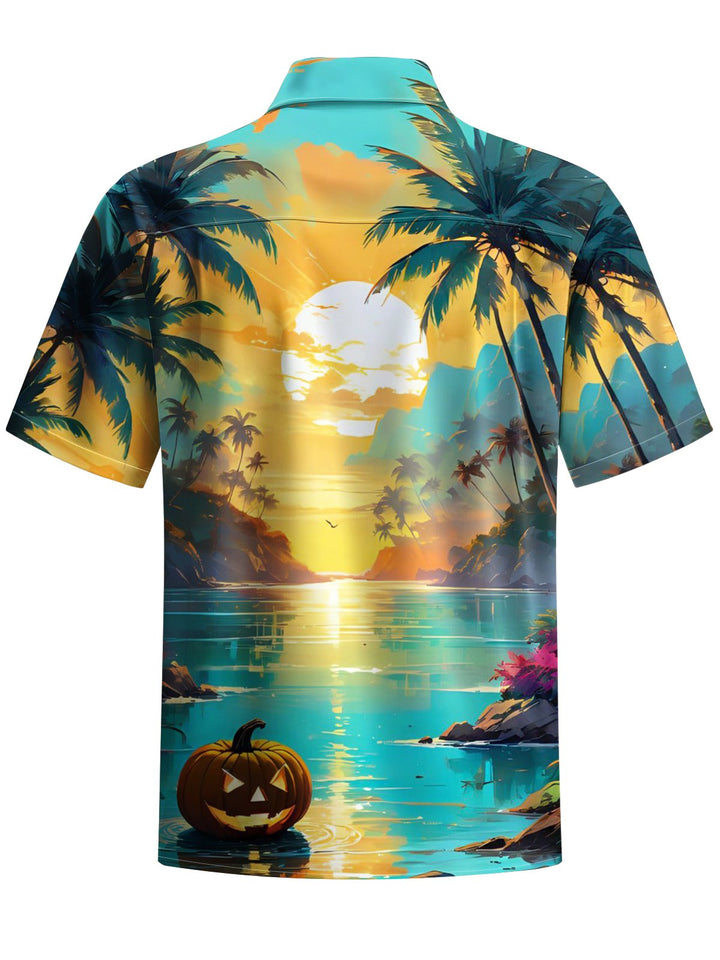 Alohadaddy® Hawaiian Halloween Pumpkin Coconut Tree Vacation Art Print Pocket Stretch Men&