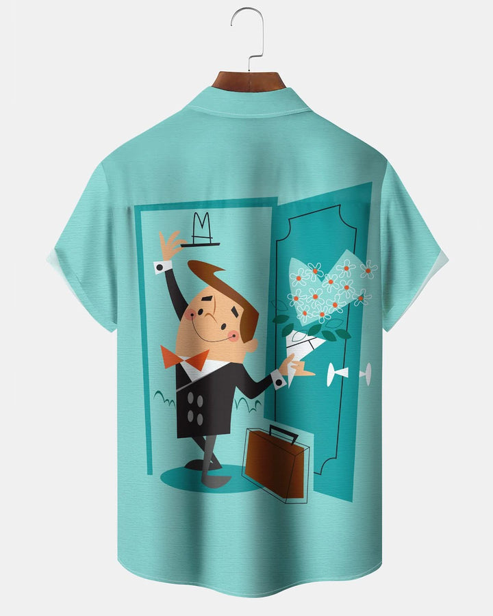 Alohadaddy® Retro Geometric Cartoon Atom Print Art Pocket Button Elastic Men&
