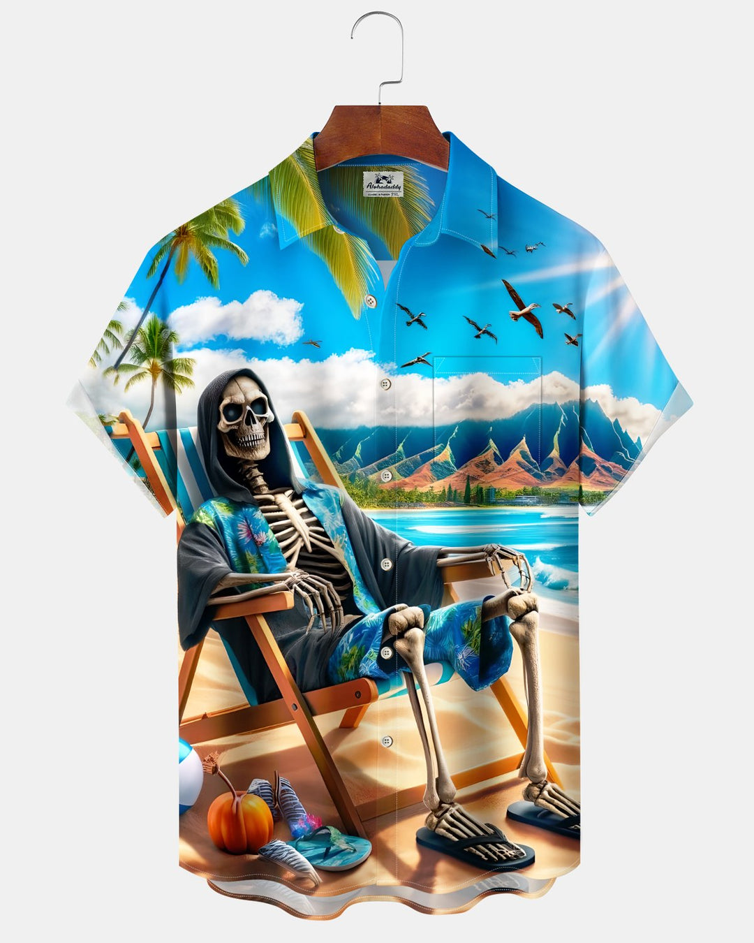 Alohadaddy® Hawaiian Skull Beach Vacation Print Art Button Pocket Cardigan  Men&