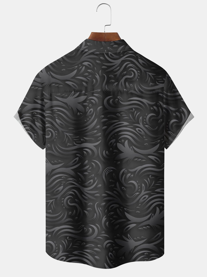Alohadaddy Leisure Series Dark Pattern Flowers Cool Feeling Print Art Pocket Cardigan Button Polyester Stretch Short Sleeve Shirt
