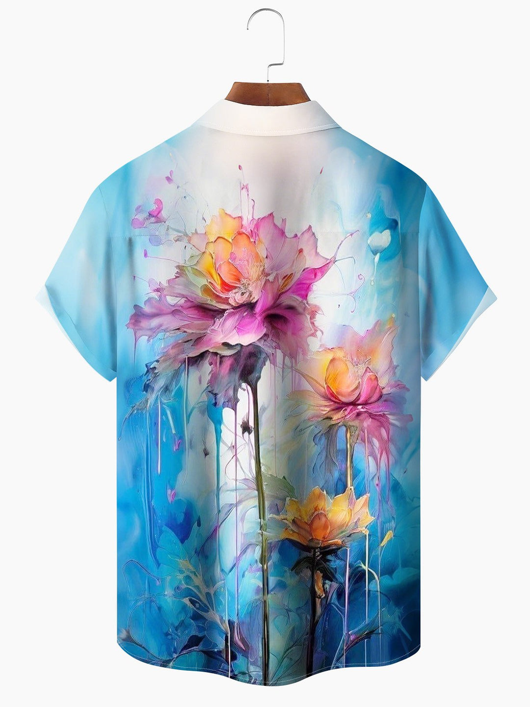 Alohadaddy Moisture Wicking Flowers Painting Print Art Stretch Large Size Chest Pocket Short Sleeve Shirt