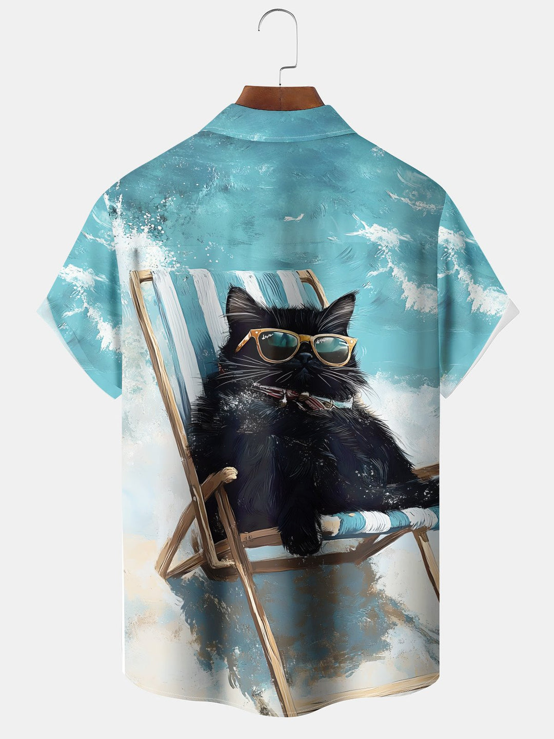 Alohadaddy Hawaiian Moisture Wicking Vacation Black Cat Print Art Chest Pocket Stretch Short Sleeve Shirt
