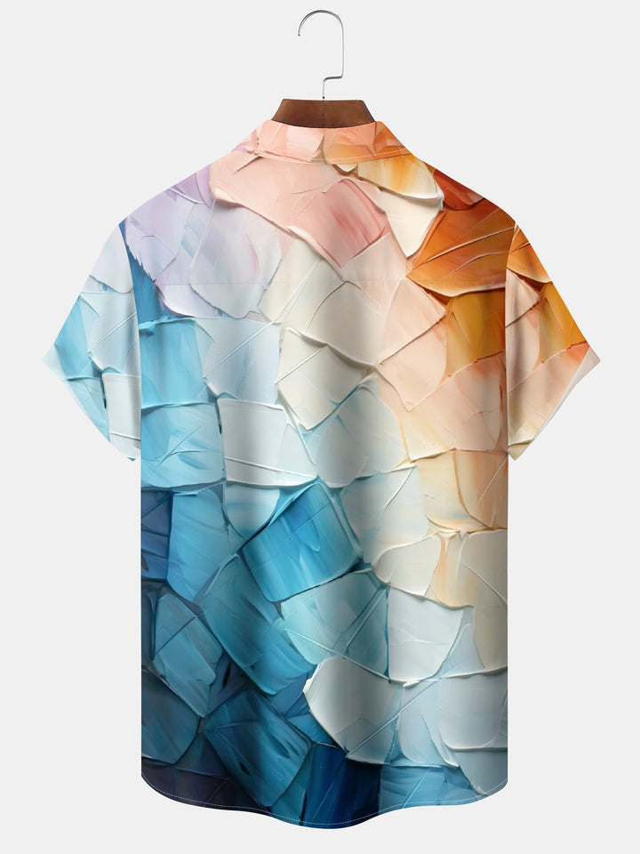 Alohadaddy® Vintage Oil Painting Geometric Print Art Chest Pocket Stretch Moisture Wicking Large Size Hawaiian Shirt