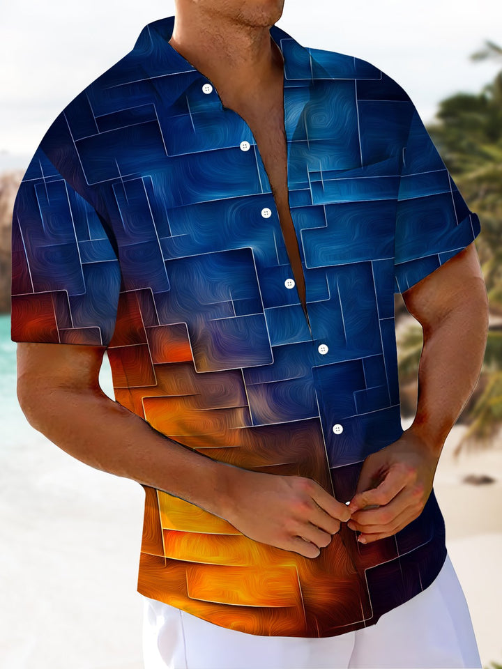 Alohadaddy® Vintage Ombre Geometric Art Print Pockets Wicking Hawaiian Shirt Big &amp; Tall