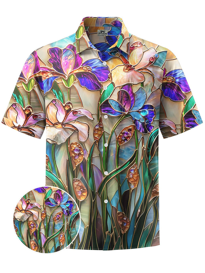 Alohadaddy® Hawaiian Flower Glass Print Chest Pocket Men&