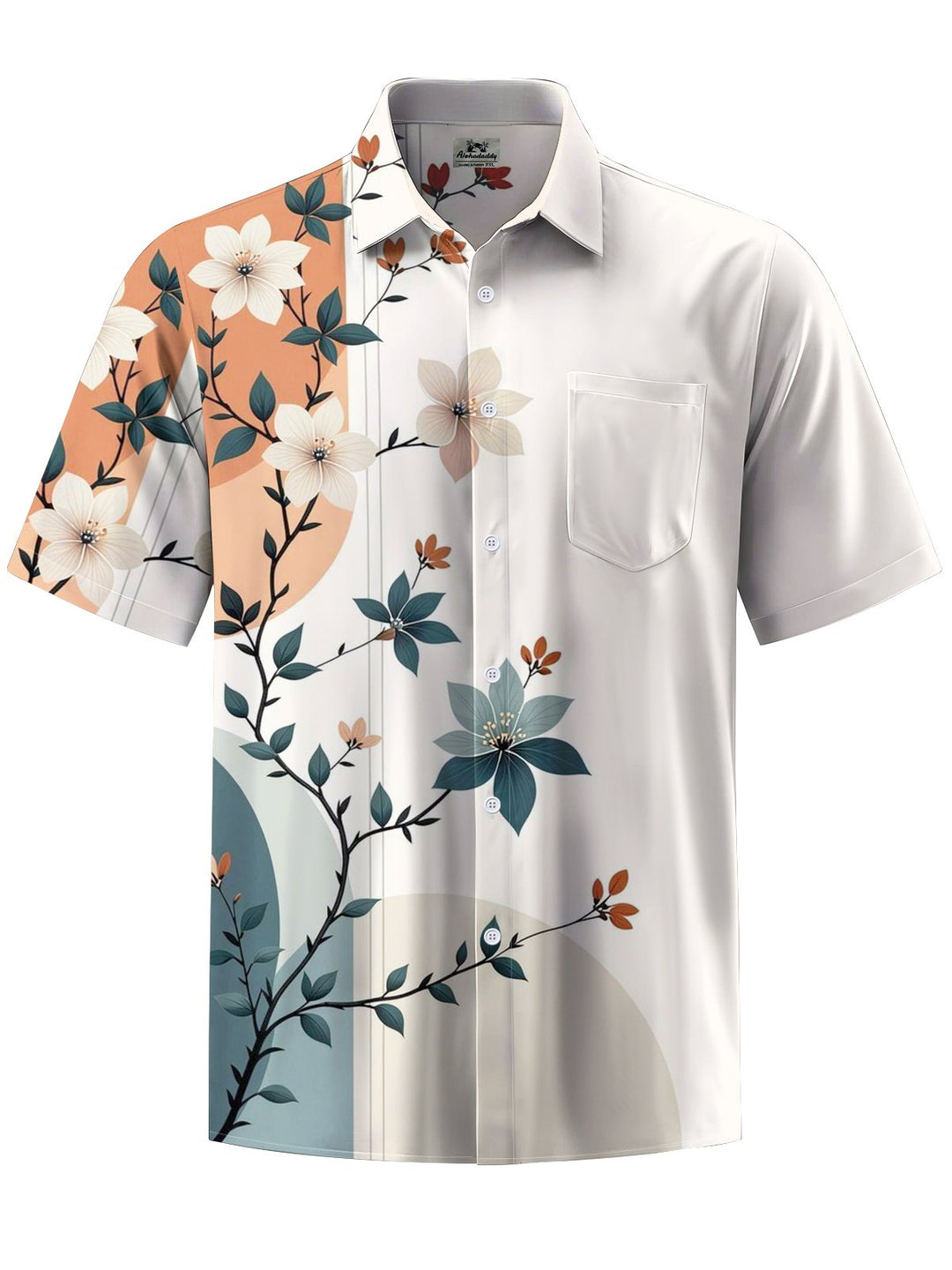 Alohadaddy® Casual Floral Stripe Art Print Chest Pocket Men&