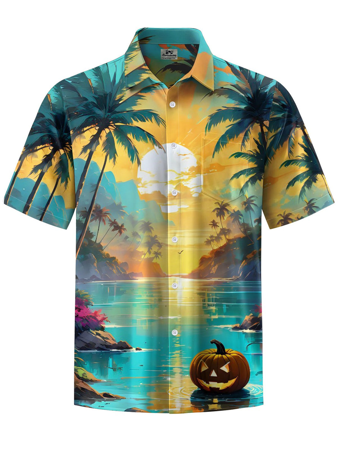 Alohadaddy® Hawaiian Halloween Pumpkin Coconut Tree Vacation Art Print Pocket Stretch Men&