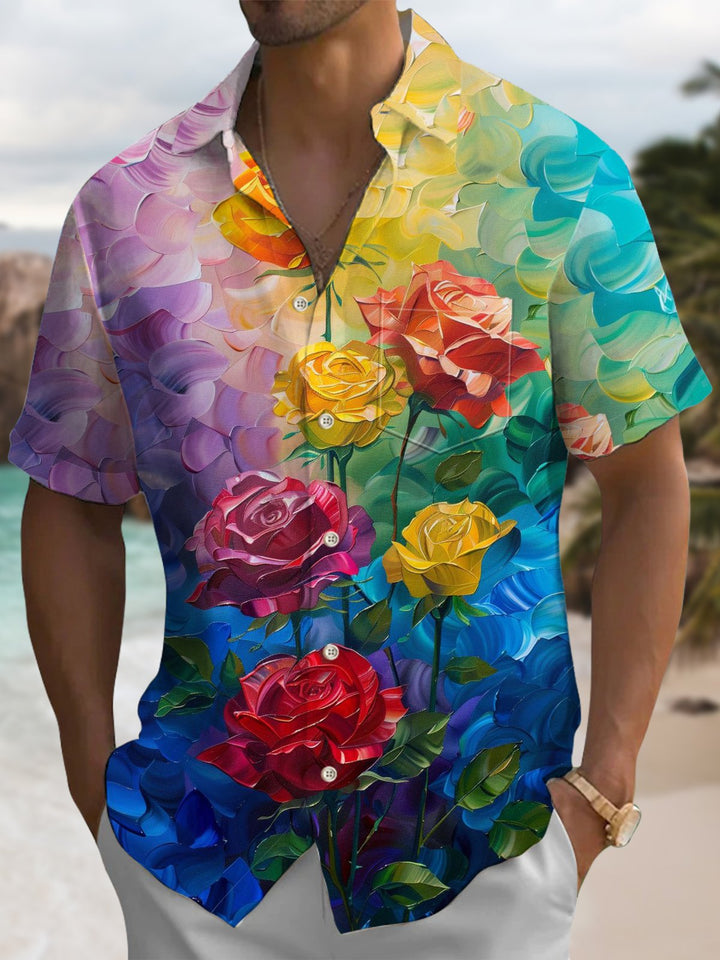 Alohadaddy® Vintage Oil Painting Floral Print Pockets Elastic Button Men&