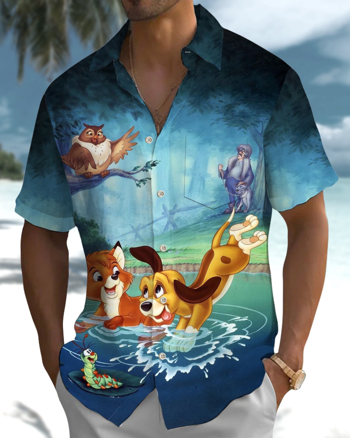 Alohadaddy® Retro Cartoon Animal Print Pocket Elastic Button Men's Short Sleeve Shirt Big & Tall