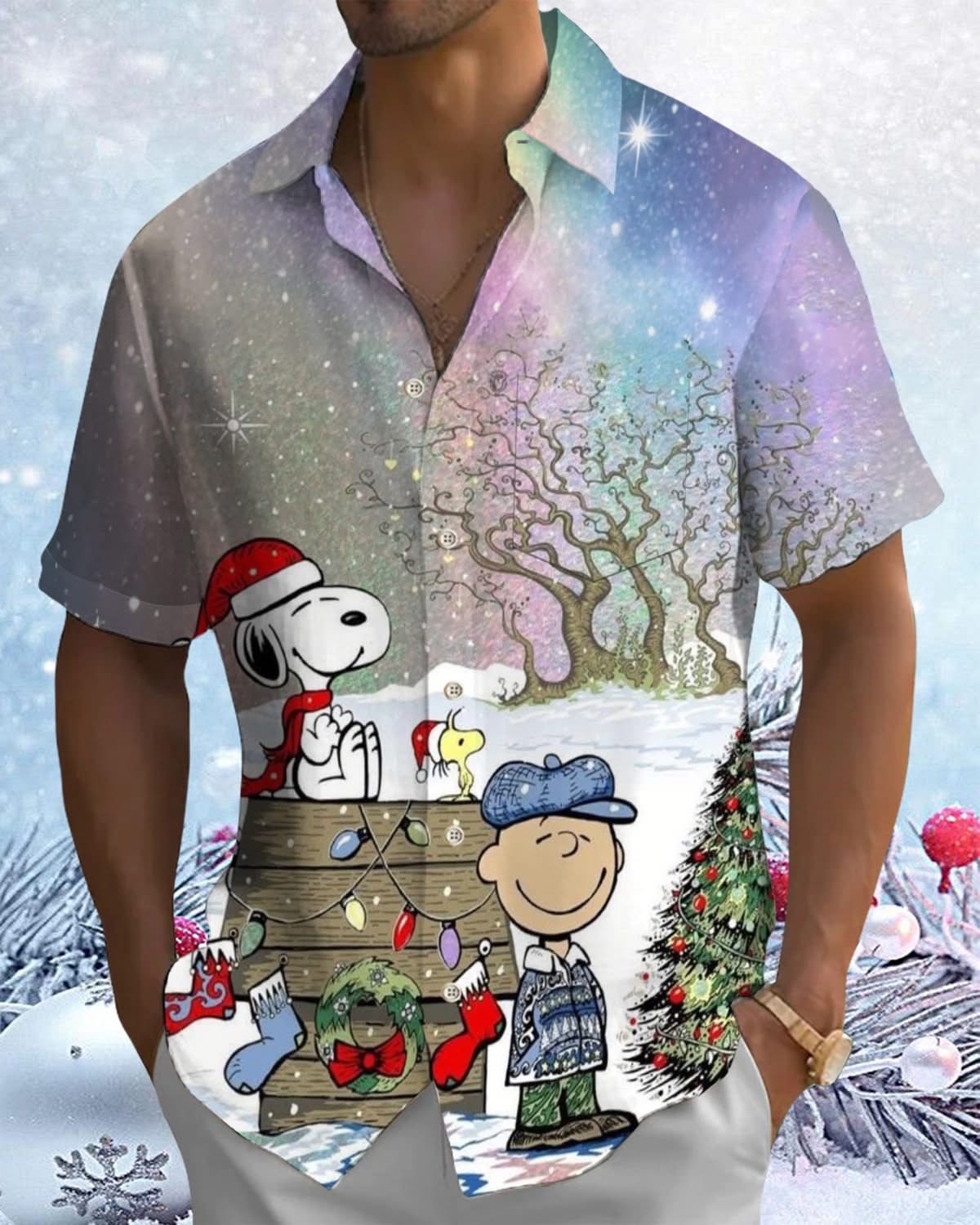 Alohadaddy® Christmas Cartoon Print Pocket Button Men's Short Sleeve Shirt Big & Tall