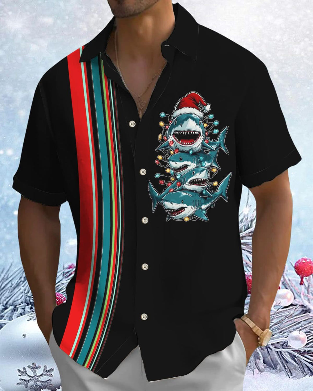 Alohadaddy® Christmas Striped Shark Print Pocket Elastic Button Men&