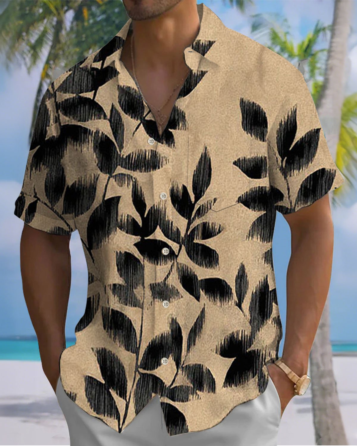 Alohadaddy® Vintage Leaf Art Print Stretch Button Pocket Men's Short Sleeve Shirt Big & Tall