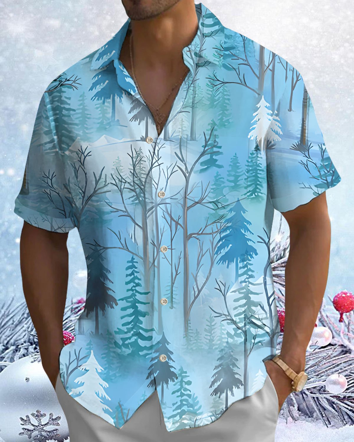 Alohadaddy® Christmas Fir Print Artistic Stretch Button Pocket Men's Short Sleeve Shirt Big & Tall