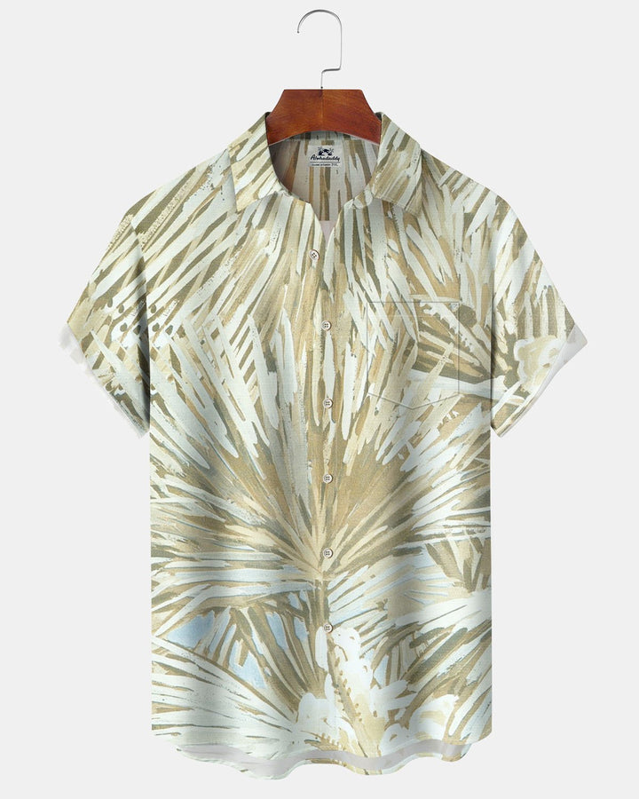 Alohadaddy® Hawaiian Palm Leaf Print Art Pocket Button Stretch Men&