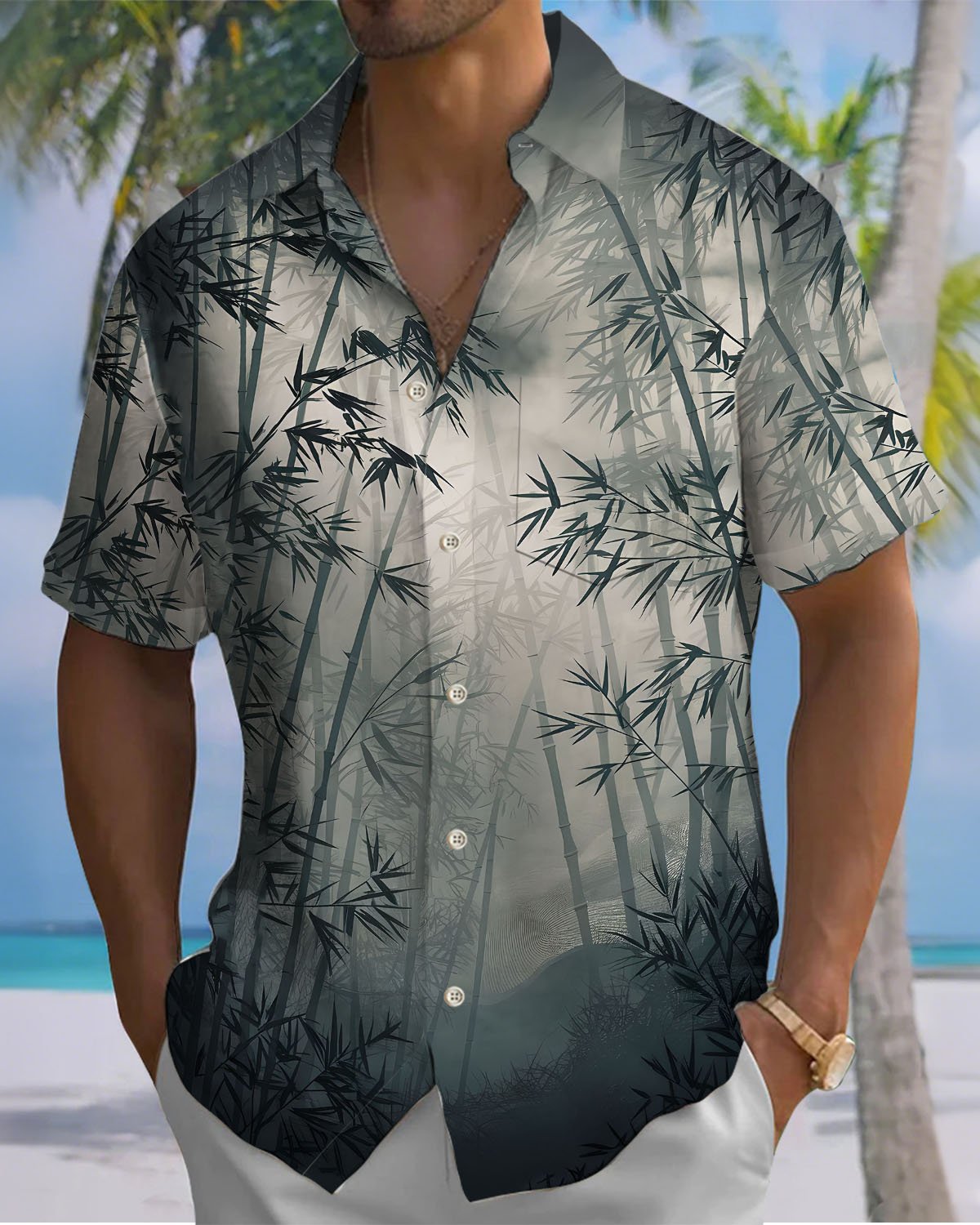 Alohadaddy® Casual Bamboo Print Artistic Stretch Patchwork Pocket Button Men's Short-Sleeve Shirt Big & Tall