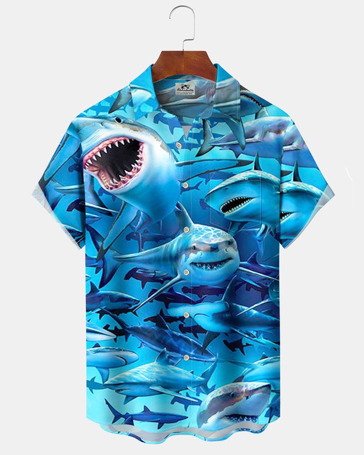 Alohadaddy® Hawaiian Shark Print Art Button Pocket Men&