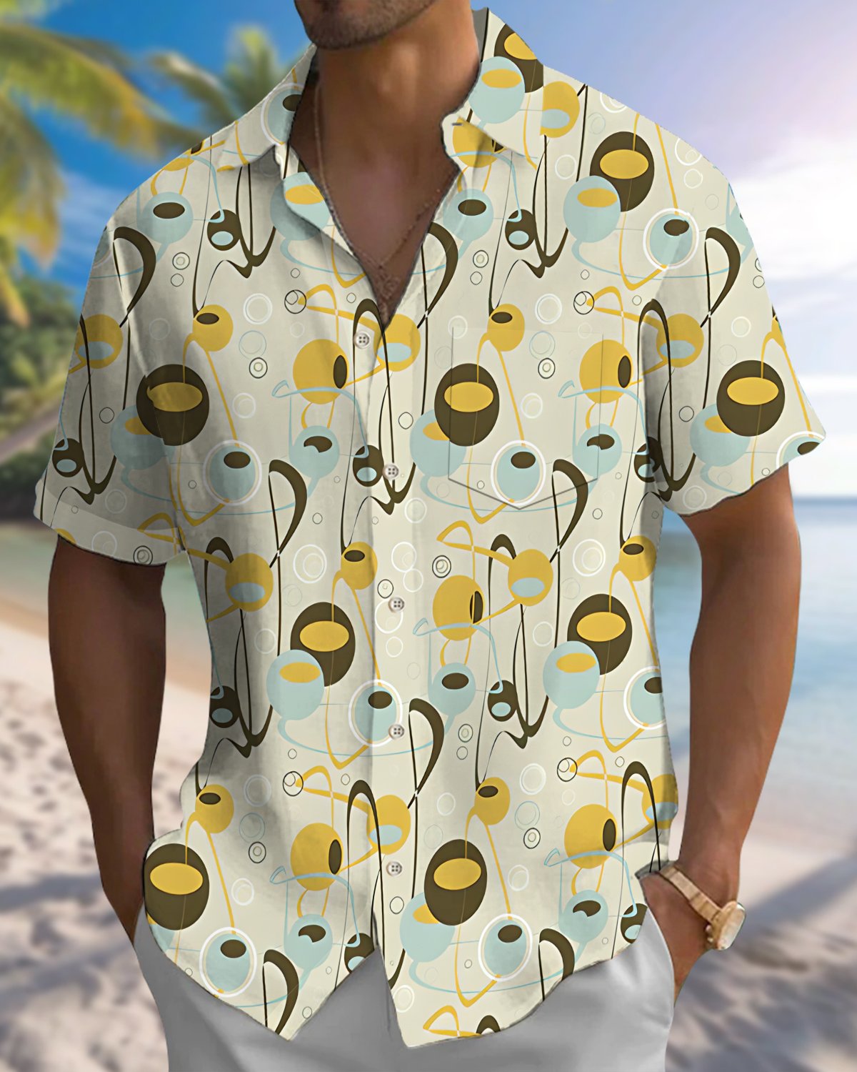 Alohadaddy® Vintage Geometric Print Art Button Pocket Cardigan Men's Short Sleeve Shirt