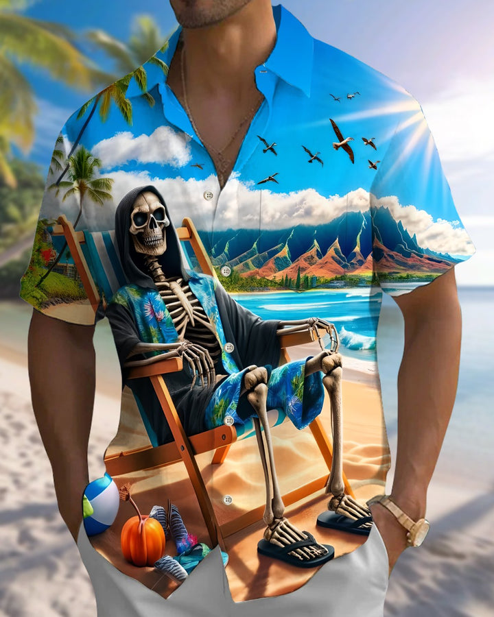 Alohadaddy® Hawaiian Skull Beach Vacation Print Art Button Pocket Cardigan  Men&