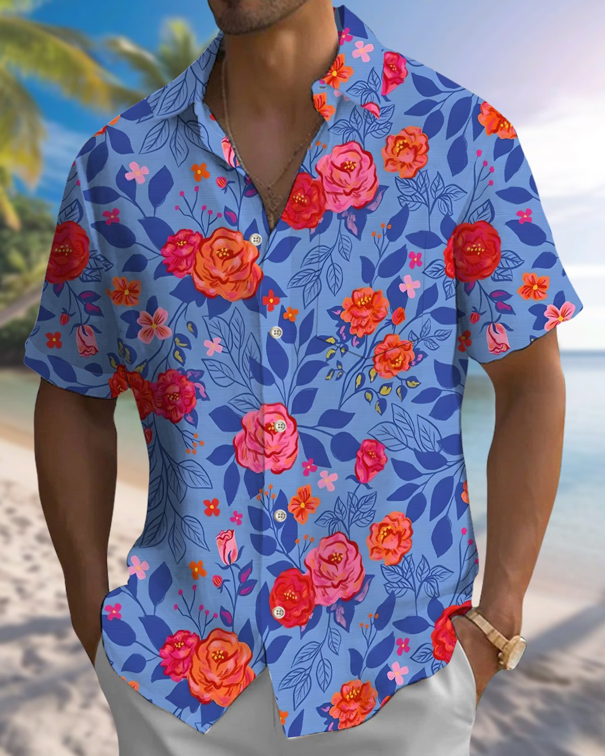 Alohadaddy® Men's Short-Sleeve Cardigan Shirt with Floral Art Print and Pocket