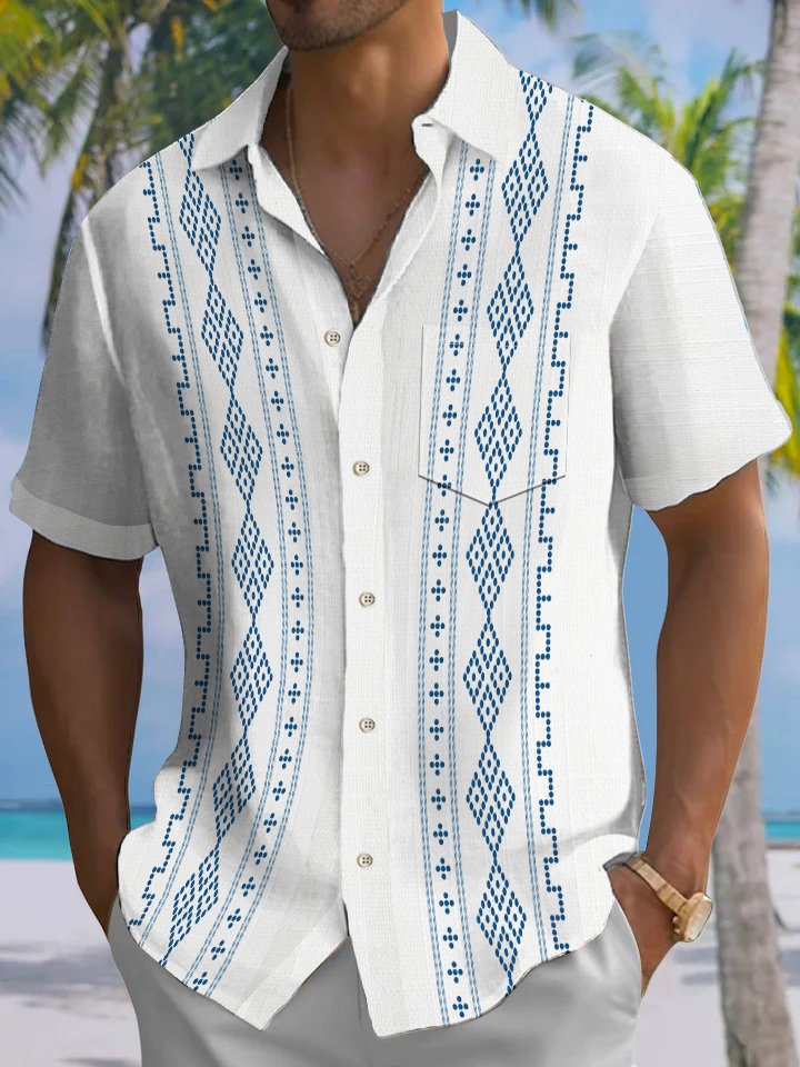 Alohadaddy Casual Collection Geometric Print Art Button Cardigan Pockets Fresh Stretch Polyester Short Sleeve Shirt