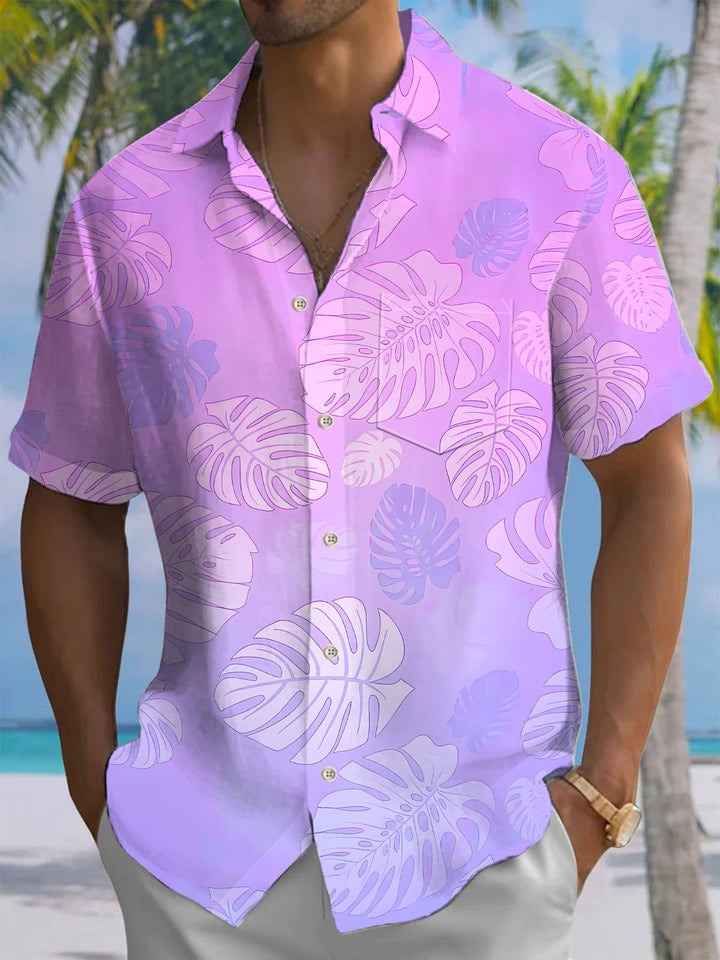 Alohadaddy® Hawaiian Leaves Gradient Print Chest Pocket Men&