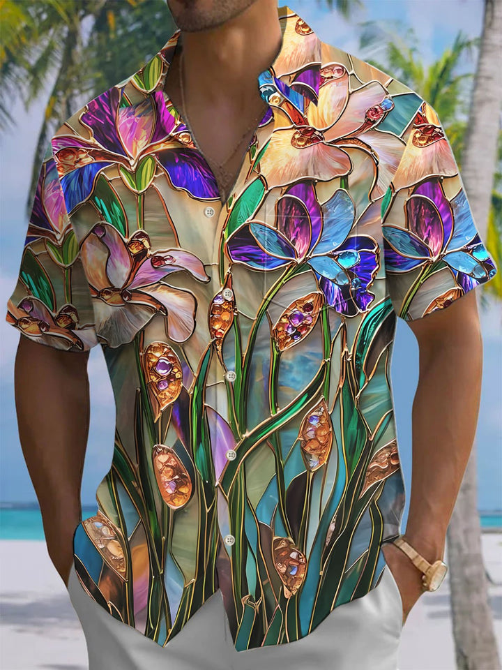Alohadaddy® Hawaiian Flower Glass Print Chest Pocket Men&