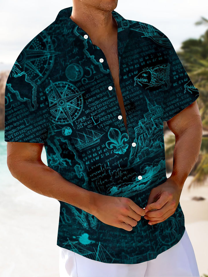 Alohadaddy® Casual Nautical Art Print Chest Pocket Mens Wicking Short Sleeve Shirt Big &amp; Tall
