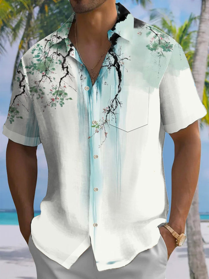 Alohadaddy® Casual Plants Ink Painting Chest Pocket Men&