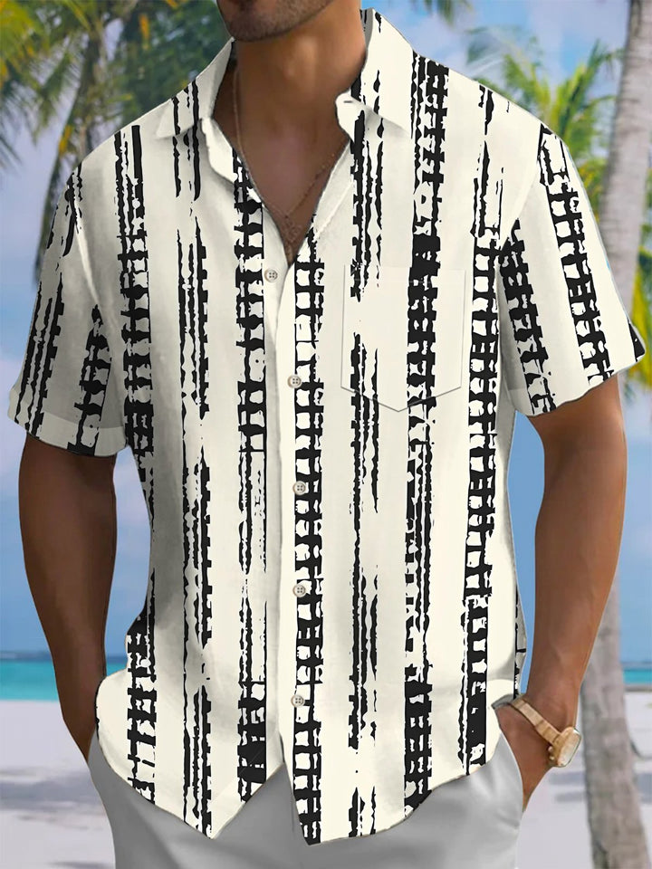Alohadaddy® Casual Stripe Art Print Chest Pocket Men&