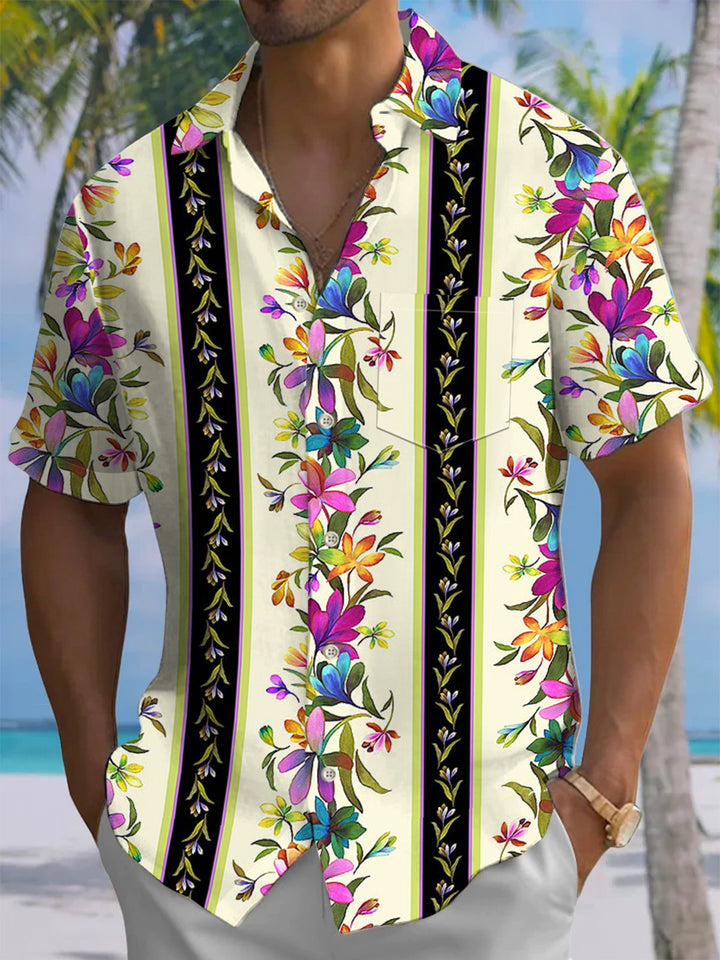 Alohadaddy® Hawaiian Floral Stripe Art Print Chest Pocket Men&