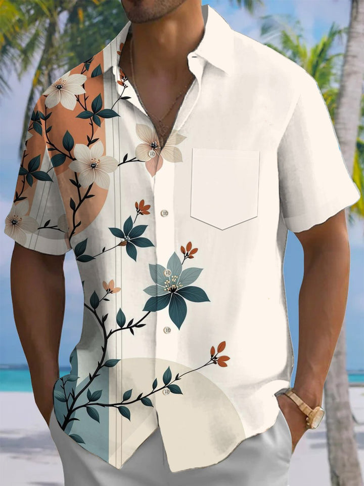 Alohadaddy® Casual Floral Stripe Art Print Chest Pocket Men&