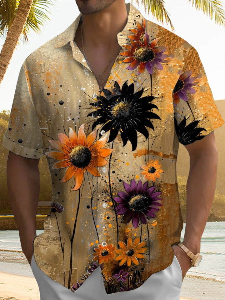 Alohadaddy® Vintage Chrysanthemum Art Print Chest Pocket Stretch Men&