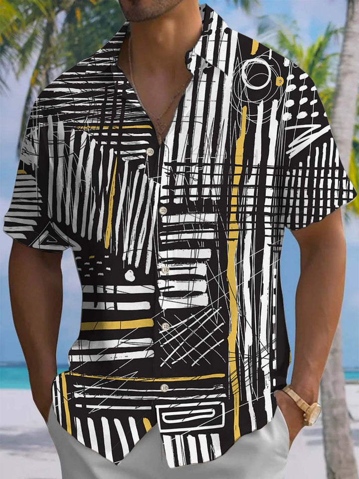 Alohadaddy® Casual Stripe Art Print Chest Pocket Stretch Men&