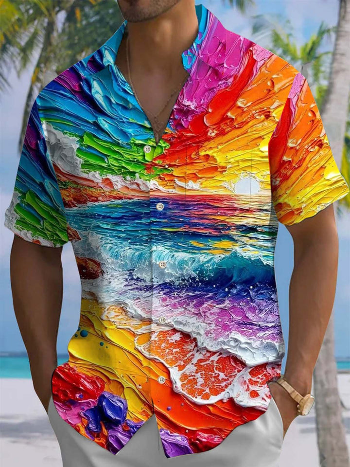 Alohadaddy® Hawaiian Acrylic Painting Wave Print Art with Chest Pocket for Men&