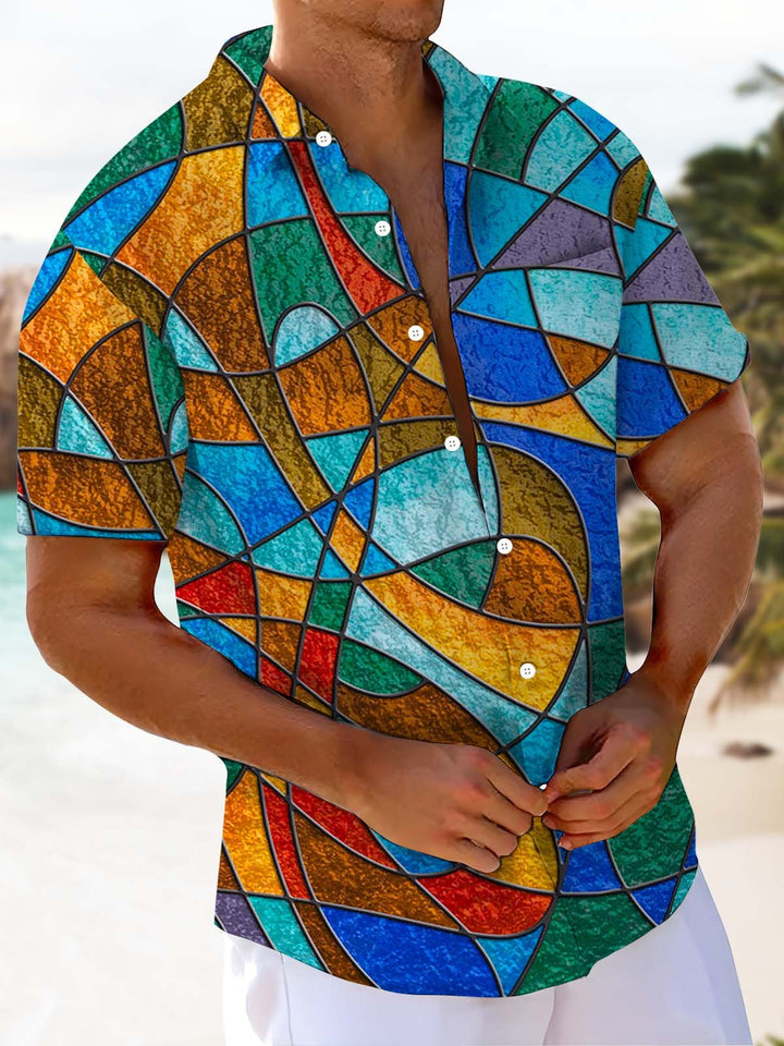 Alohadaddy® Vintage Geometric Art Print Chest Pocket Stretch Men&