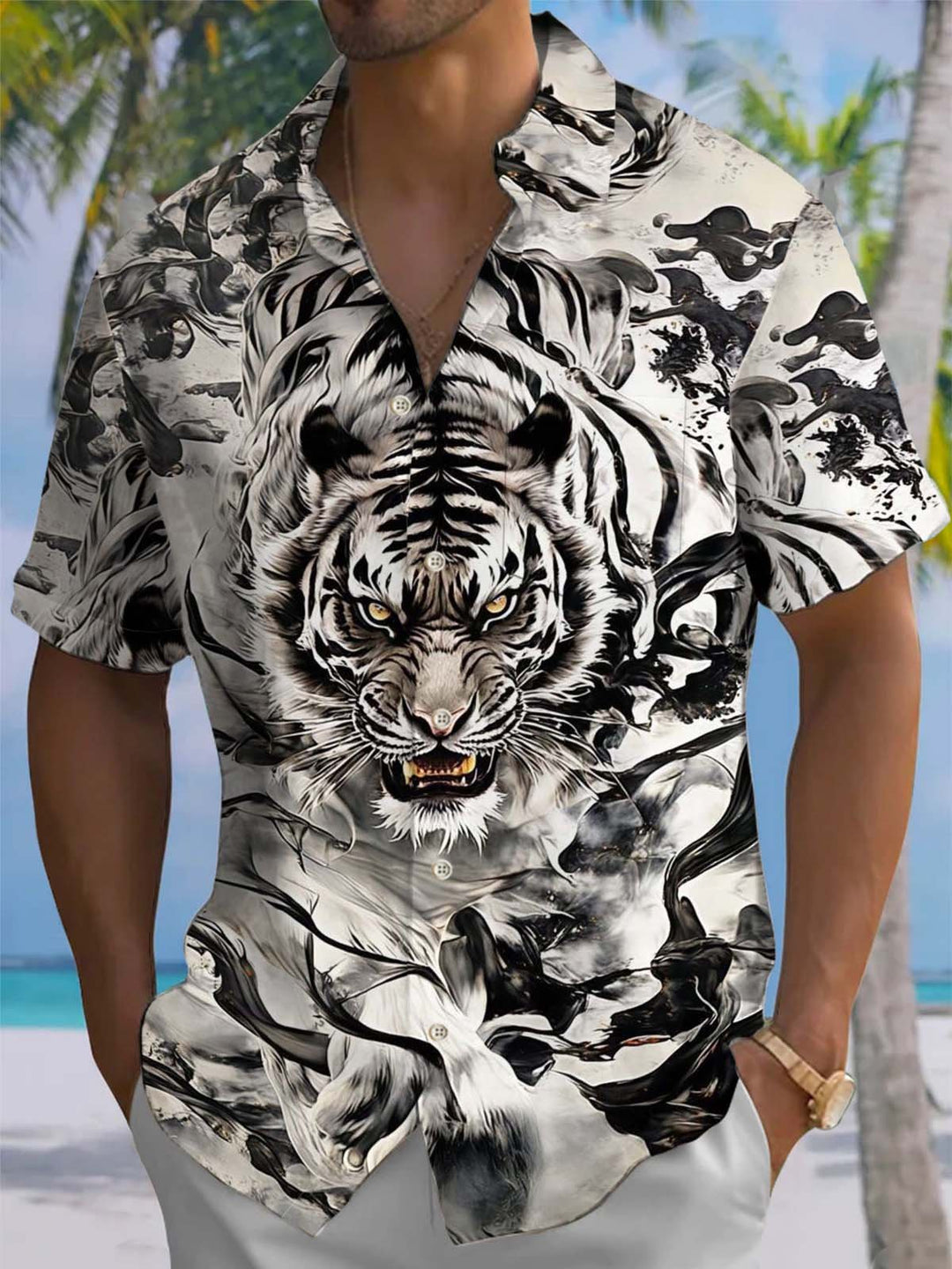 Alohadaddy® Casual Tiger Art Print Pocket Stretch Men&