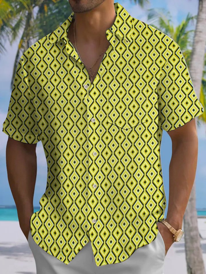 Alohadaddy® Casual Geometric Art Print Chest Pocket Men&