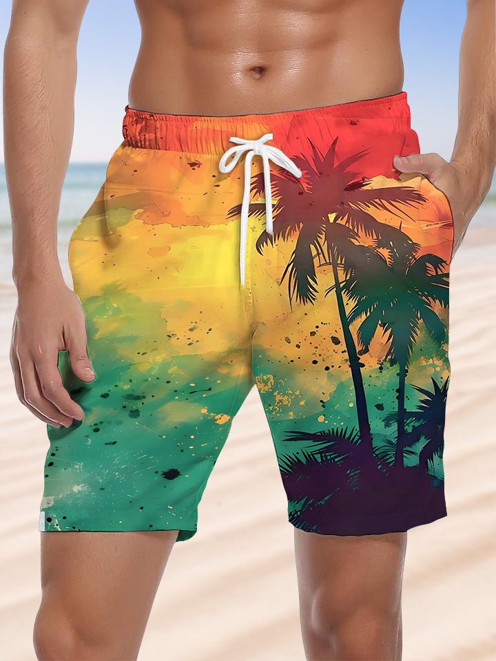 Alohadaddy Hawaiian Casual Palm Trees Gradient Color Painting Art Elastic Waist Drawstring Polyester Stretch Beach Shorts