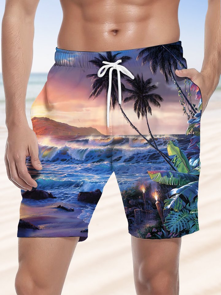 Alohadaddy Hawaii Palm Trees Seaside Sunset Print Art Drawstring Stretch Beach Shorts