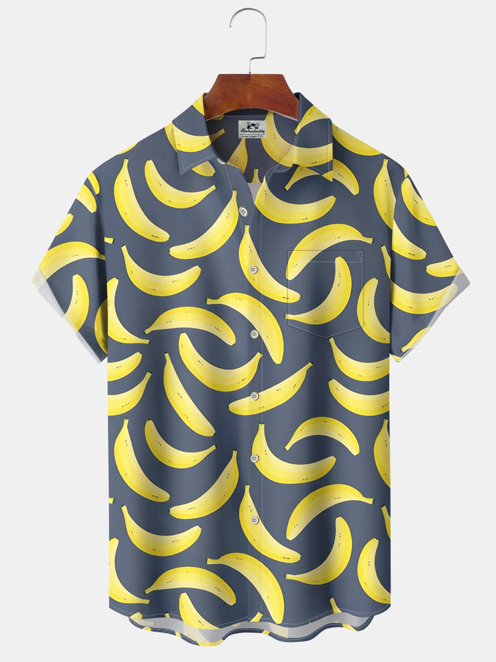 Alohadaddy® Banana Art Print Chest Pocket Elasticity Hawaiian Short Sleeve Shirt Big &amp; Tall