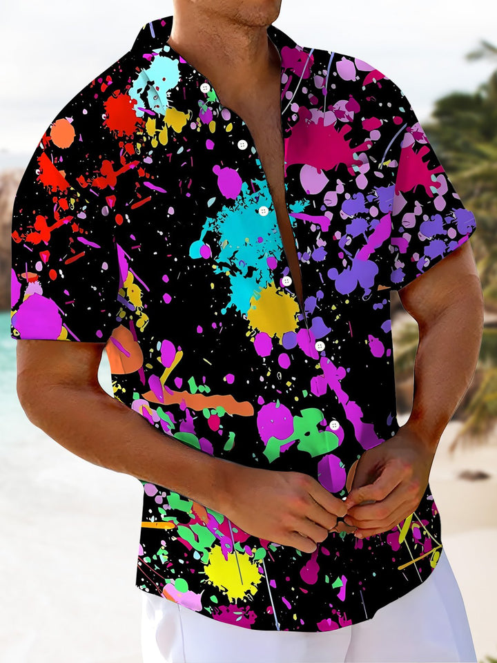 Alohadaddy® Casual Abstract Acrylic Print Art Chest Pocket Men Short Sleeve Shirt Big &amp; Tall