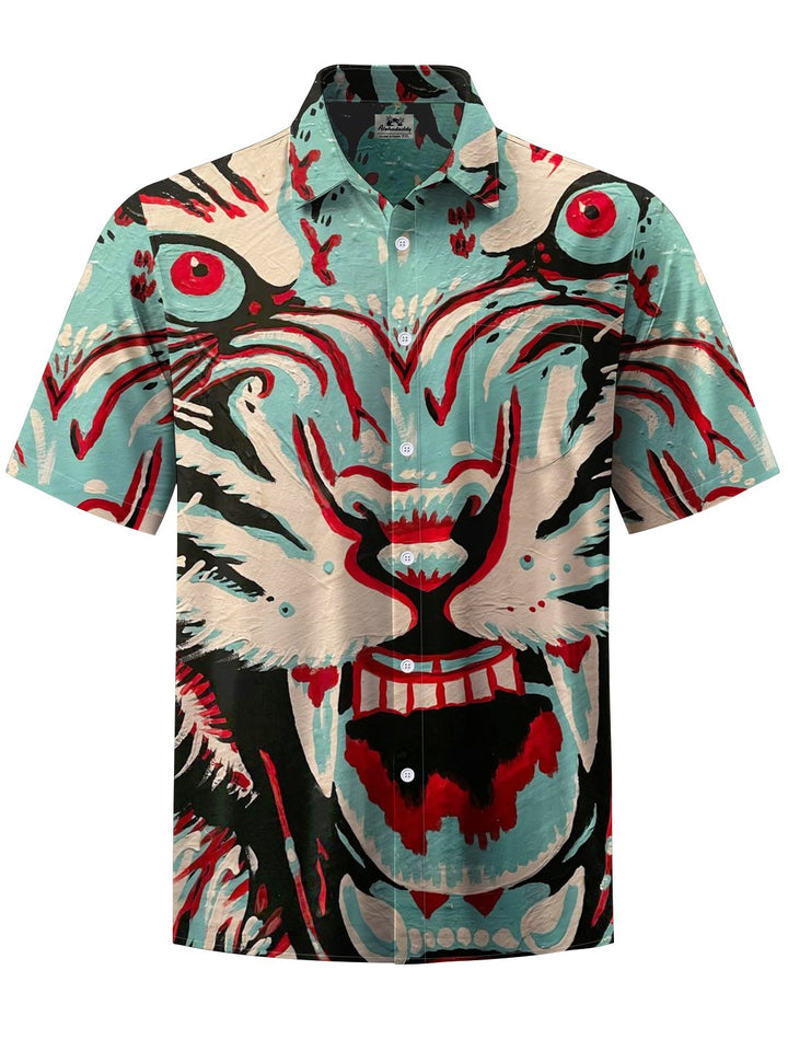 Alohadaddy® Vintage Oil Painting Tiger Head Print Art Chest Pocket Men&