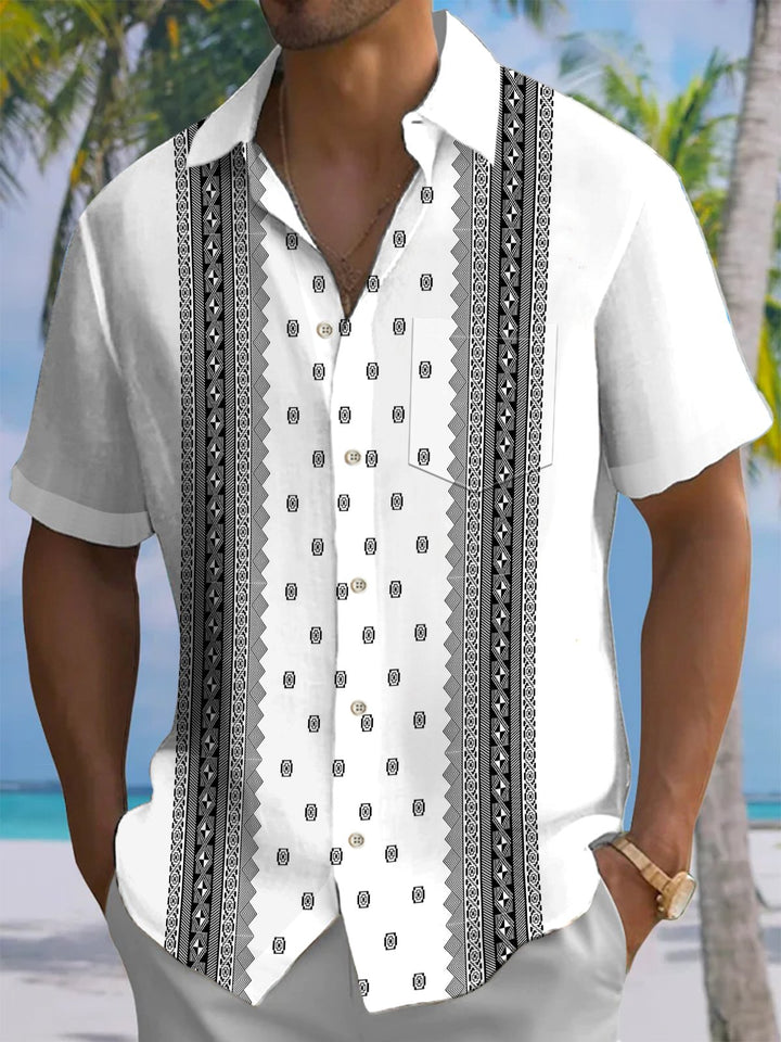 Alohadaddy® Casual Ethnic Stripe Art Print Chest Pocket Men&