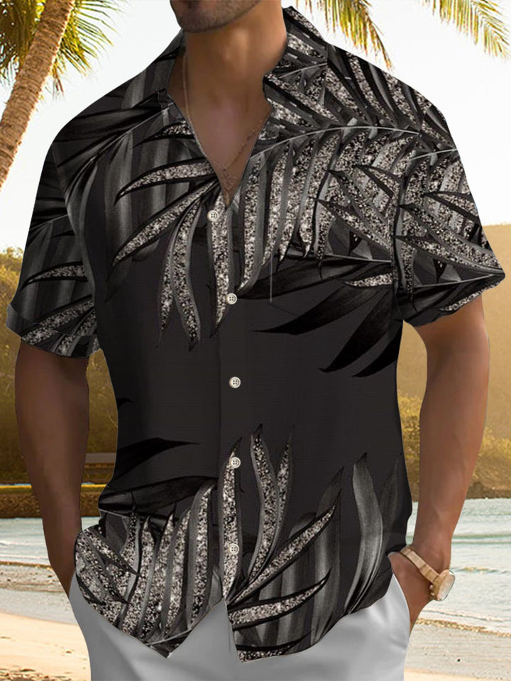 Alohadaddy® Casual Palm Leaf Art Print Chest Pocket Men&