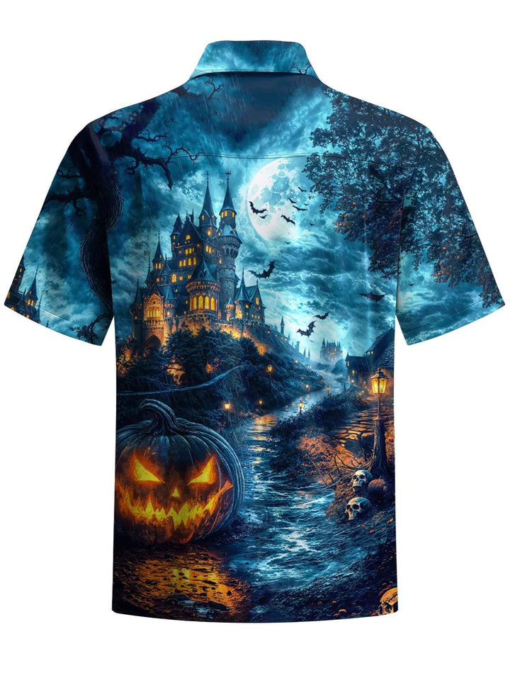 Alohadaddy® Halloween Pumpkin Castle Printed Artwork Chest Pocket Men&