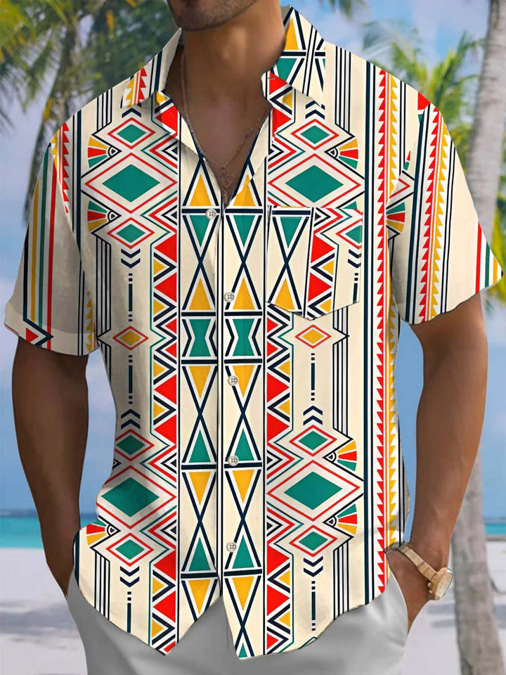 Alohadaddy® Casual Ethnic Geometric Art Print Chest Pocket Stretch Men&