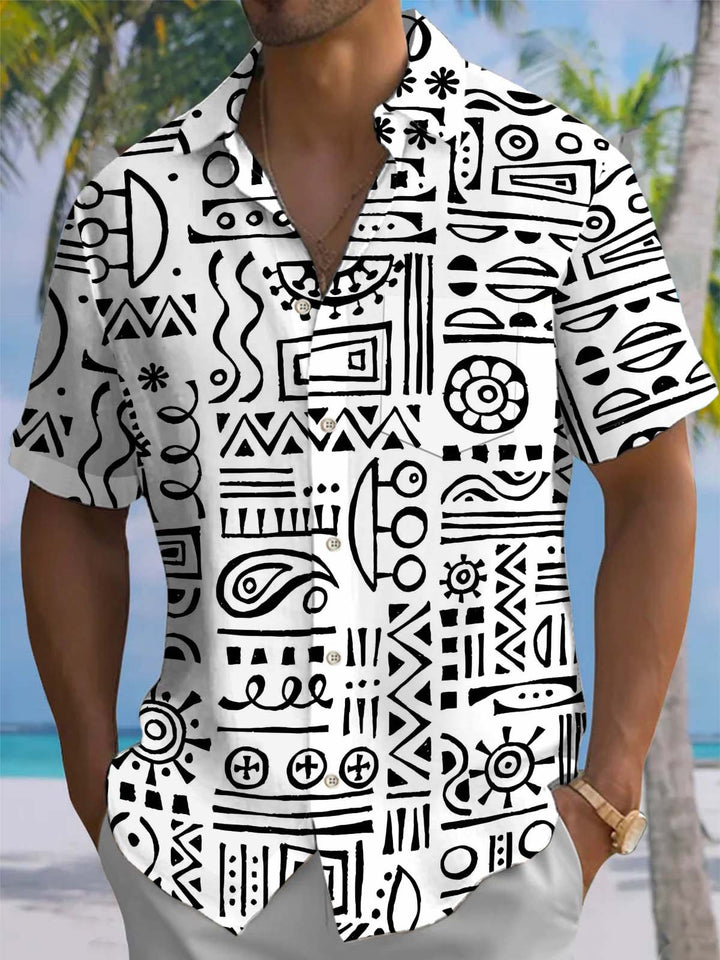 Alohadaddy® Casual Geometric Art Print Chest Pocket Men&
